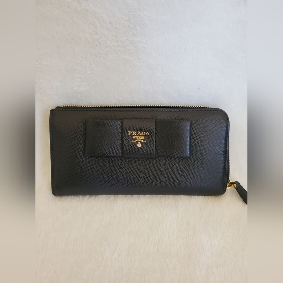 Prada Handbags - Vintage Long Black Saffiano Prada Cammeo Ribbon Zipper Wallet